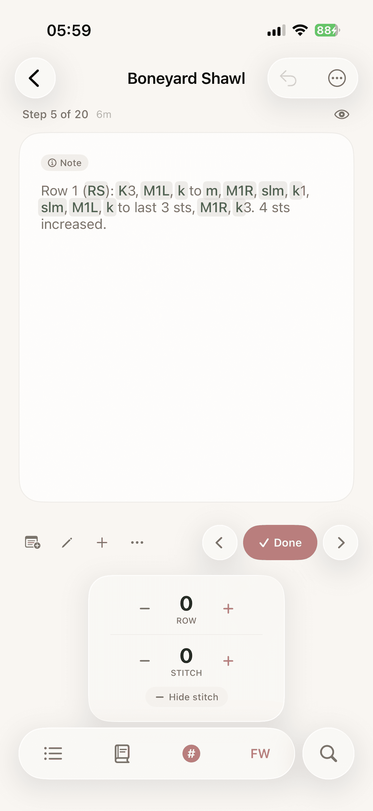 Purori pattern view with row and stitch counters
