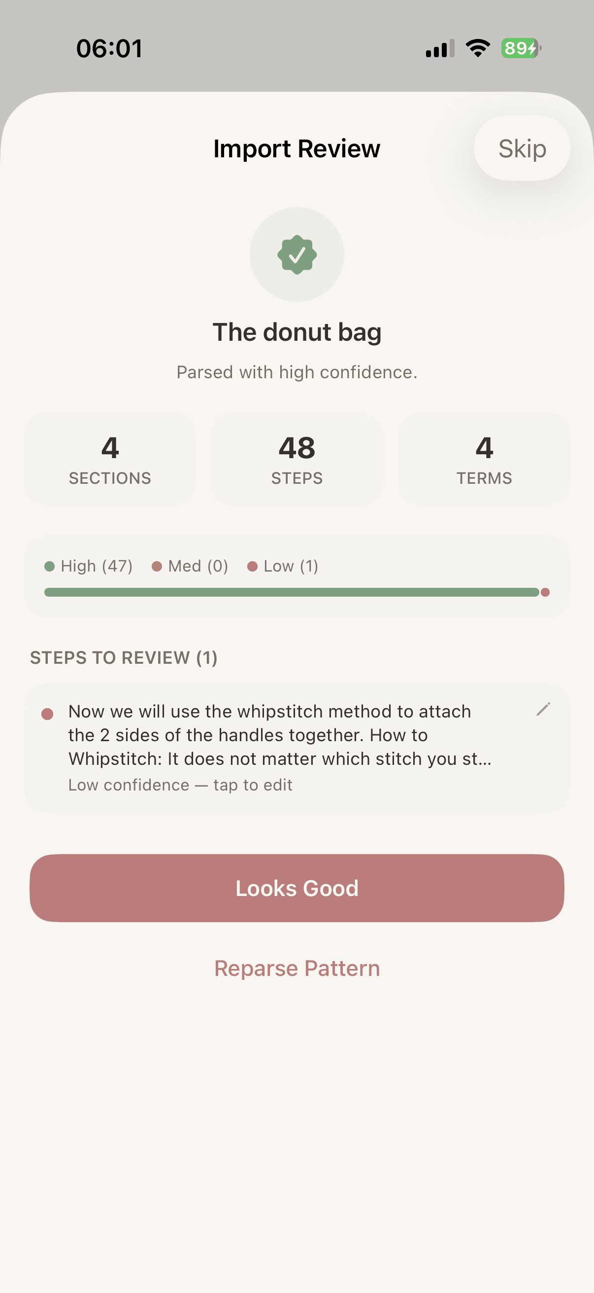 Purori import review screen showing a parsed knitting pattern with sections, steps, and terms