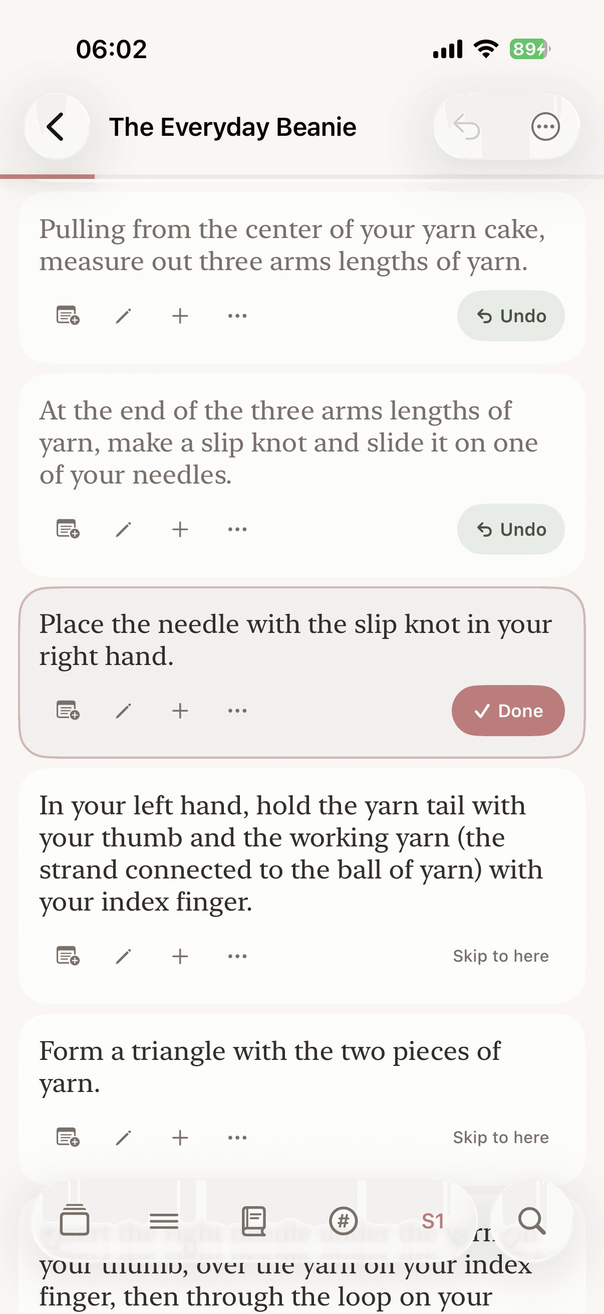 Purori step-by-step view showing knitting instructions with progress tracking